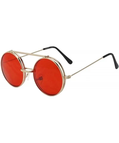 Oversized Metal Round Retro Boho Transparent Colored Mirrored Steampunk Flip Up Glasses Sunglasses - Gold - Red - CW17YQTK8IU...