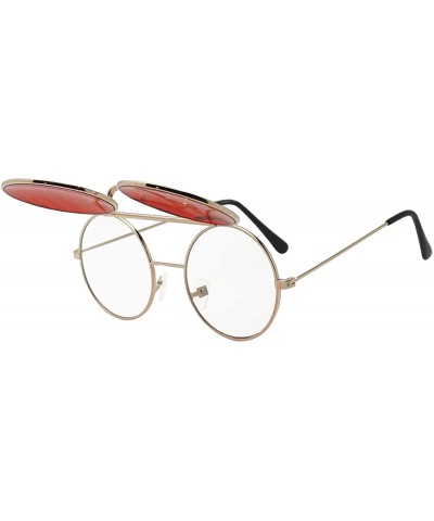 Oversized Metal Round Retro Boho Transparent Colored Mirrored Steampunk Flip Up Glasses Sunglasses - Gold - Red - CW17YQTK8IU...