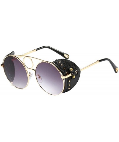 Round Women's Fashion Sunglasses Metal Round Frame Eyewear With Leather - Gold Black Gray - CA18WE656DX $50.21