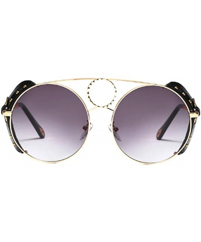 Round Women's Fashion Sunglasses Metal Round Frame Eyewear With Leather - Gold Black Gray - CA18WE656DX $31.71