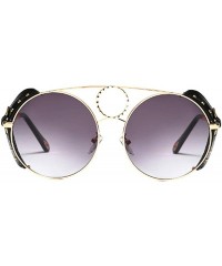 Round Women's Fashion Sunglasses Metal Round Frame Eyewear With Leather - Gold Black Gray - CA18WE656DX $31.71