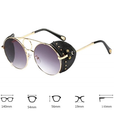 Round Women's Fashion Sunglasses Metal Round Frame Eyewear With Leather - Gold Black Gray - CA18WE656DX $31.71