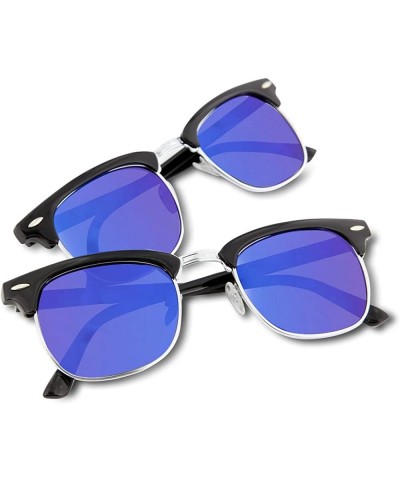 Square Designer Inspired Color Mirrored Classic Half Frame Horned Rim Sunglasses - Ice Blue 2 Pack - CA11E6215T5 $29.83