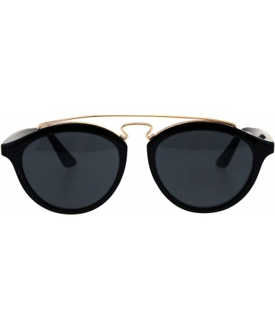 Round Retro Keyhole Flat Top Double Metal Bridge Round Horn Sunglasses - All Black - CC18EYEN8KW $20.59