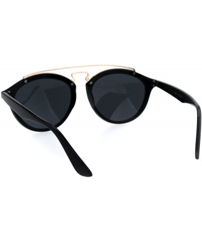 Round Retro Keyhole Flat Top Double Metal Bridge Round Horn Sunglasses - All Black - CC18EYEN8KW $8.82