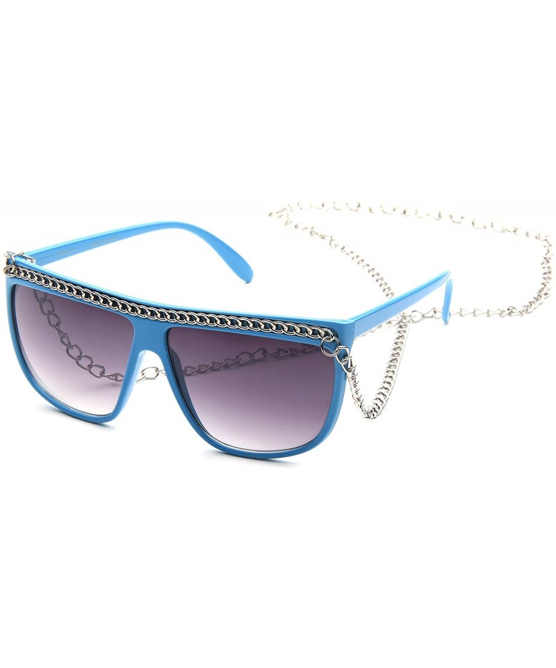 Oversized Women Flat Top Oversized Retro Chain Sunglasses w/Metal Chain on Top & Neck - Dark Blue - CZ18687RA86 $12.64