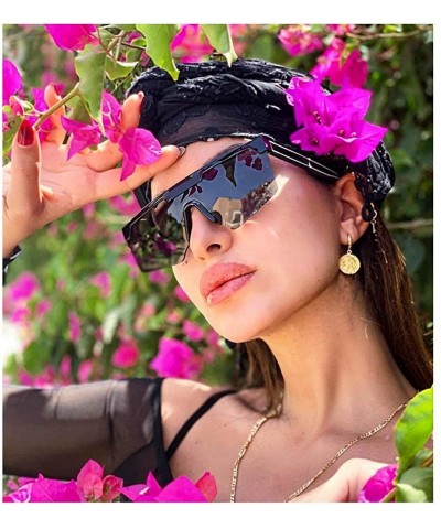 Oversized personality big box unisex trend conjoined outdoor riding sunglasses UV400 - Bright Black - CH18Z3YHNHQ $10.34