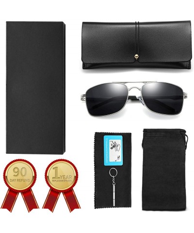Rectangular Polarized Aviator Sunglasses For Men Metal Frame UV400 Protection Rectangle Lightweight - Silver/Black - CU197ZUE...