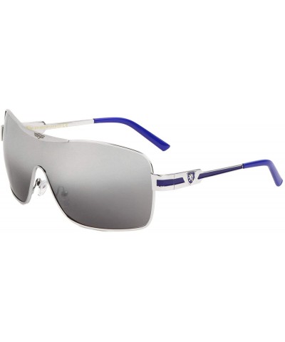 Aviator Khan Wrap Around Shield Aviator One Piece Mirror Lens Sunglasses - Silver Metallic & Blue Frame - CJ18X97KC8U $9.27