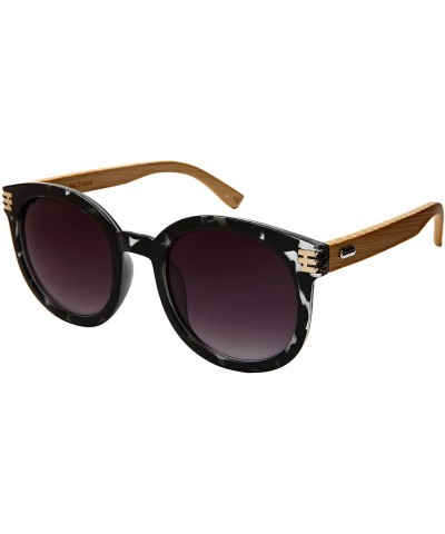 Round Retro Round Horned Rim Bamboo Sunglasses Wood Women Mirrored Lens 34124BM-REV - CS18C4HM003 $11.03