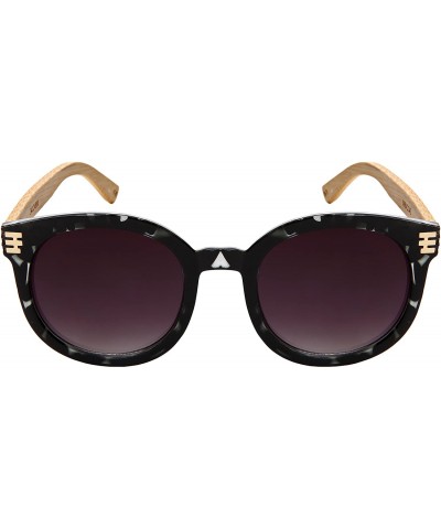 Round Retro Round Horned Rim Bamboo Sunglasses Wood Women Mirrored Lens 34124BM-REV - CS18C4HM003 $11.03