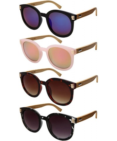 Round Retro Round Horned Rim Bamboo Sunglasses Wood Women Mirrored Lens 34124BM-REV - CS18C4HM003 $11.03