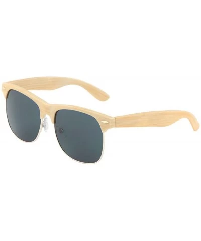 Square Faux Bamboo Wood Print Square Half Rim Sunglasses - Tan Light Brown Frame - C3185KKTZQA $18.46