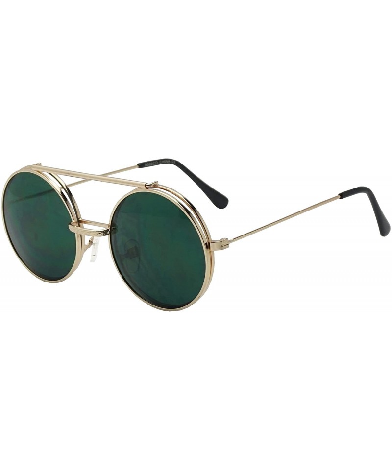 Round Round Colored Flip-Up Django Inspired Clear lens Sunglasses - Gold / Green Lens - CY17YZYSQZ6 $23.06