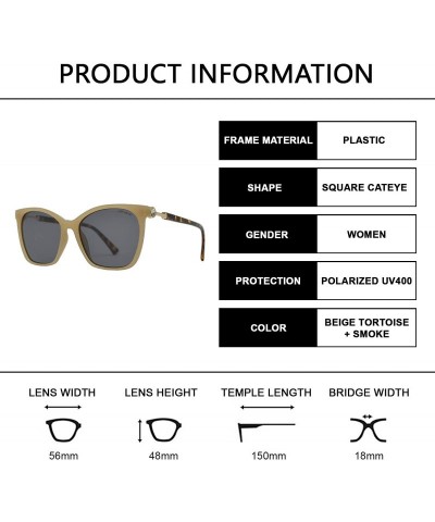 Cat Eye Womens Polarized Square Cat Eye Sunglasses with Rhinestone Anti Glare UV Protection - Beige Tortoise + Smoke - CS195C...