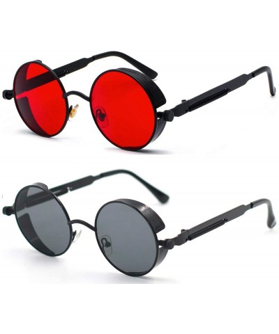 Round Retro Gothic Steampunk Sunglasses for Women Men Round Lens Metal Frame - 2pack Black Grey & Black Red - CX18YKN6RGD $30.06