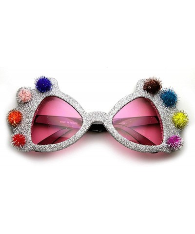 Oversized Princess Crown Glitter Pom Pom Jeweled Novelty Party Sunglasses - Silver - CE11OY7P3NB $19.06