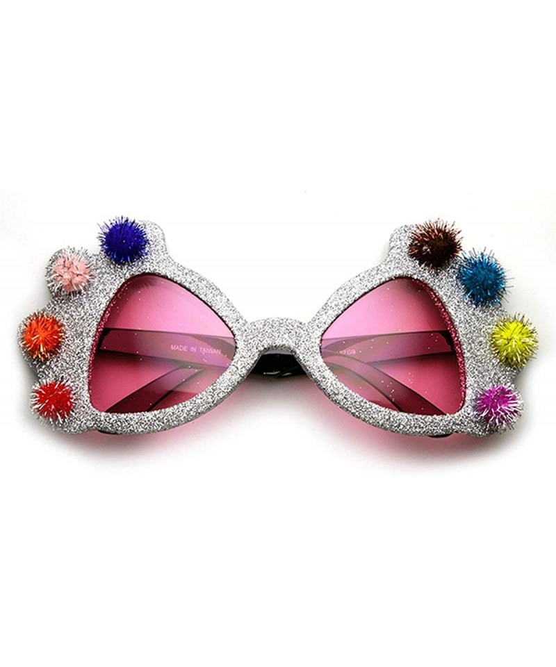 Oversized Princess Crown Glitter Pom Pom Jeweled Novelty Party Sunglasses - Silver - CE11OY7P3NB $9.14