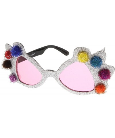 Oversized Princess Crown Glitter Pom Pom Jeweled Novelty Party Sunglasses - Silver - CE11OY7P3NB $9.14