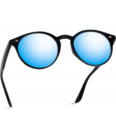 Shield Classic Small Round Retro Sunglasses - Black Frame / Mirror Blue Lens - CC12GO6D0Y3 $19.78
