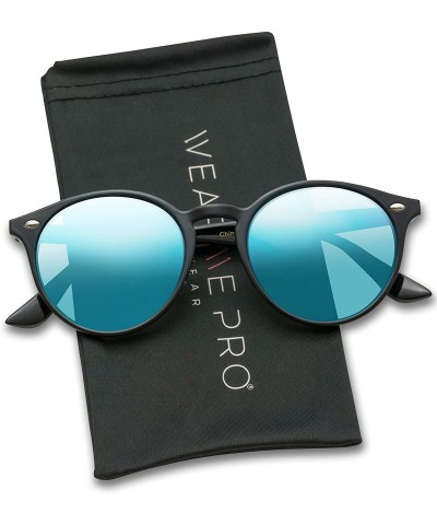 Shield Classic Small Round Retro Sunglasses - Black Frame / Mirror Blue Lens - CC12GO6D0Y3 $30.90