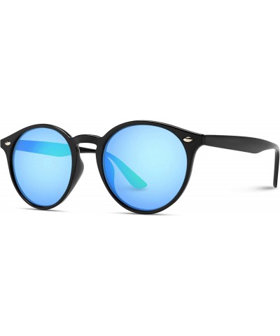 Shield Classic Small Round Retro Sunglasses - Black Frame / Mirror Blue Lens - CC12GO6D0Y3 $30.90