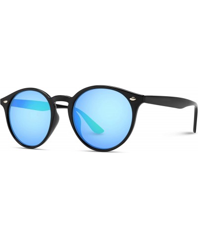 Shield Classic Small Round Retro Sunglasses - Black Frame / Mirror Blue Lens - CC12GO6D0Y3 $19.78