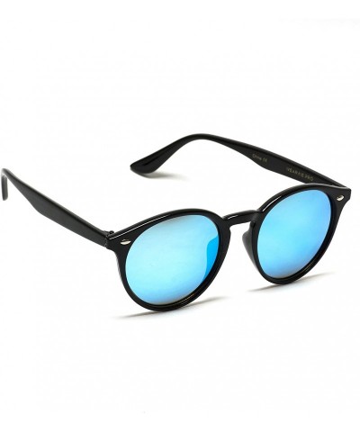 Shield Classic Small Round Retro Sunglasses - Black Frame / Mirror Blue Lens - CC12GO6D0Y3 $19.78