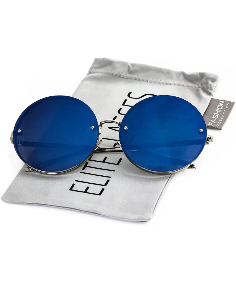 Rimless VINTAGE RETRO Style Oversize Rimless Slim Arms Mirrored Round Sunglasses - Blue Mirror - CW17YYRTW3Y $8.22