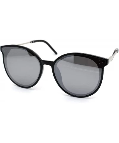 Round Womens Horned Round Designer Mod Plastic Sunglasses - Black Silver Mirror - CN18YNHENTU $24.11