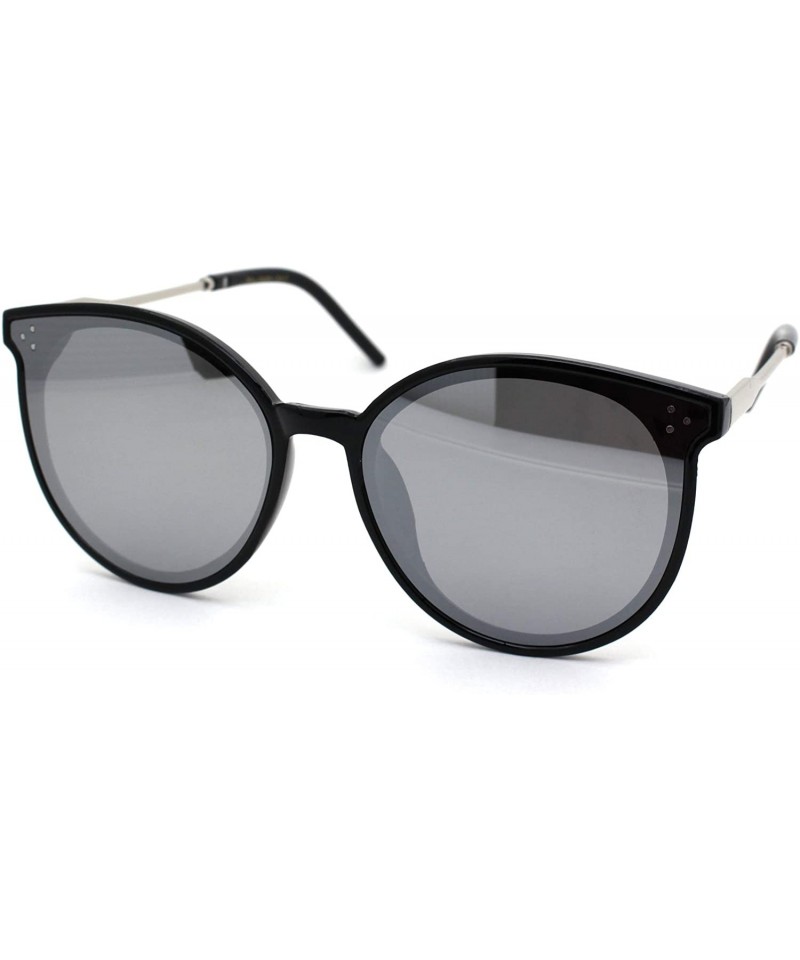 Round Womens Horned Round Designer Mod Plastic Sunglasses - Black Silver Mirror - CN18YNHENTU $10.78