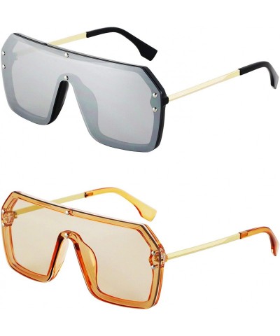 Oversized Retro Oversized Shield Sunglasses Rimless Flat Top Mirror Glasses Women Men - Silver and Orange - C318Y66DDWX $34.37