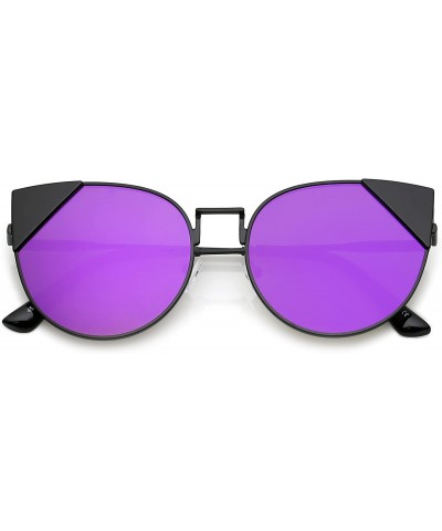 Cat Eye Women's Corner Tip Accent Metal Mirrored Round Flat Lens Cat Eye Sunglasses 56mm - Black Black / Purple Mirror - CG18...