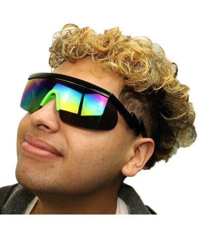 Goggle Semi Rimless Neon Rainbow Sunglasses Mirrored Lens UV Protection 80s Retro Rave Shades Crooked ZigZag Bolt Arm - CG18W...