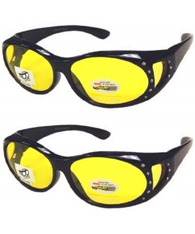 Wrap Men and Women Rhinestone Fit Over Glasses Wear Over Cover Lens Yellow Night Driving Sunglasses - Black/Black - CV18L4Q7X...