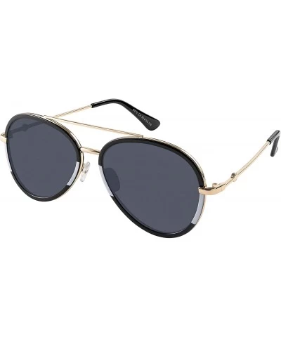Oversized Double BridgeMetal Aviator Men Women Designer Sunglasses with Pouch - Gold Black and White Frame With Grey Lens - C...