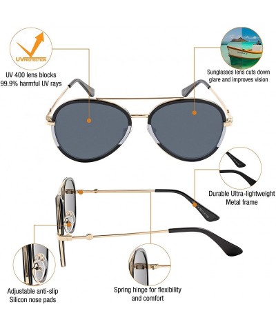 Oversized Double BridgeMetal Aviator Men Women Designer Sunglasses with Pouch - Gold Black and White Frame With Grey Lens - C...
