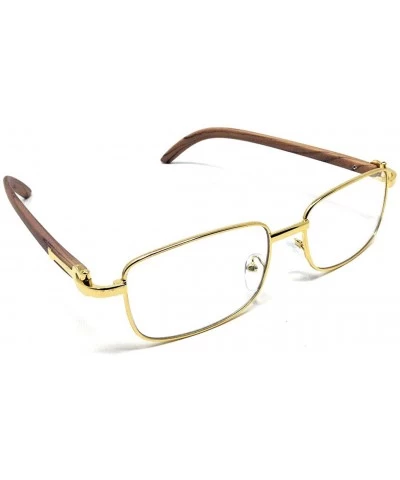 Square Mentor Slim Rectangular Metal & Faux Wood Luxury Sunglasses - Gold & Light Brown Wood Frame - CY18XG0O8QR $22.43