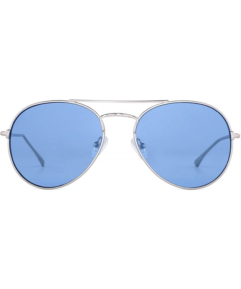 Aviator Clear Aviator Sunglasses Classic Flat Tinted Lens Metal Eyeglasses Men Women - Silver / Blue - C2189568SSR $16.75