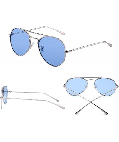 Aviator Clear Aviator Sunglasses Classic Flat Tinted Lens Metal Eyeglasses Men Women - Silver / Blue - C2189568SSR $26.95