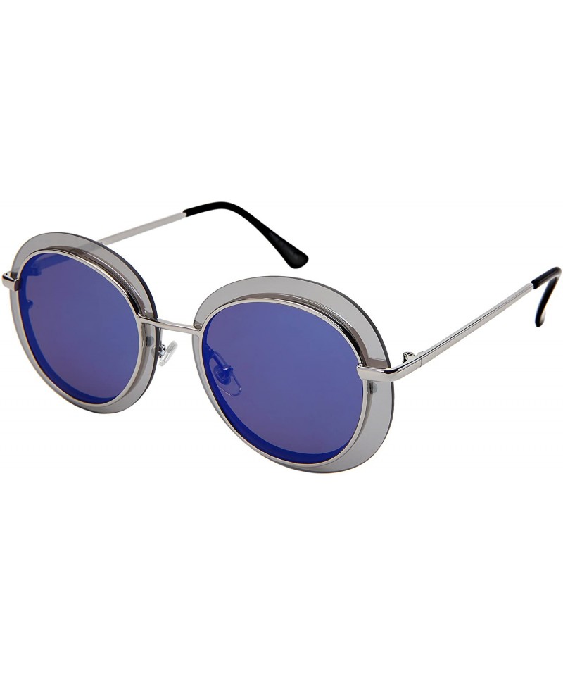 Oval Round Oval Women Sunglasses with Flat Lenses 3179-FLREV - Silver Frame/Blue Mirrored Lens - C818E6QGHAM $7.93