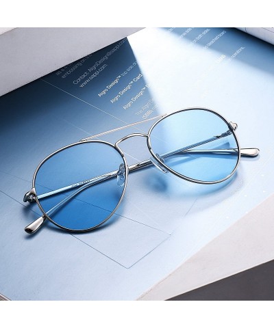 Aviator Clear Aviator Sunglasses Classic Flat Tinted Lens Metal Eyeglasses Men Women - Silver / Blue - C2189568SSR $16.75