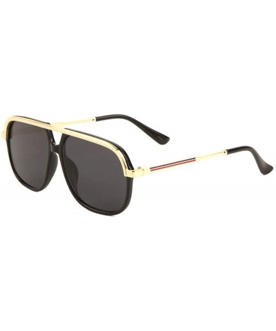 Round Round Flat Lens Elongated Curved Top Bar Color Temple Lines Aviator Sunglasses - Black Gold - CR197WRYE6O $13.14