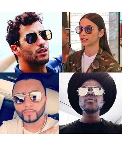 Shield Vintage Aviator Square Sunglasses for Men Women Gold Frame Retro Brand Designer Classic Tony Stark Sunglasses - CC18R5...