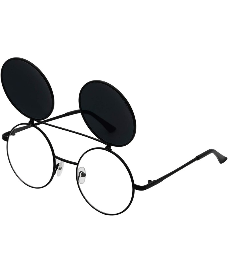 Round Retro Flip-Up Round Goggles Seampunk Sunglasses - Black-black - CE185UE04C2 $12.49