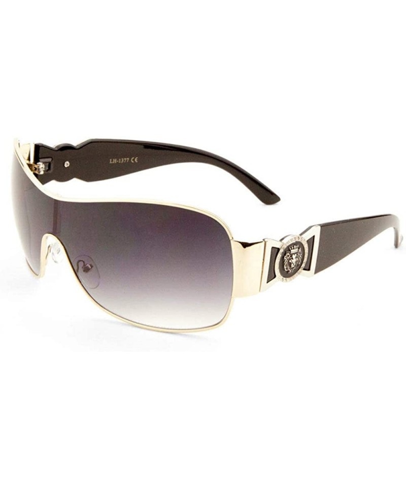 Lion Head Medallion Shield Aviator Sunglasses - Black & Gold Frame ...