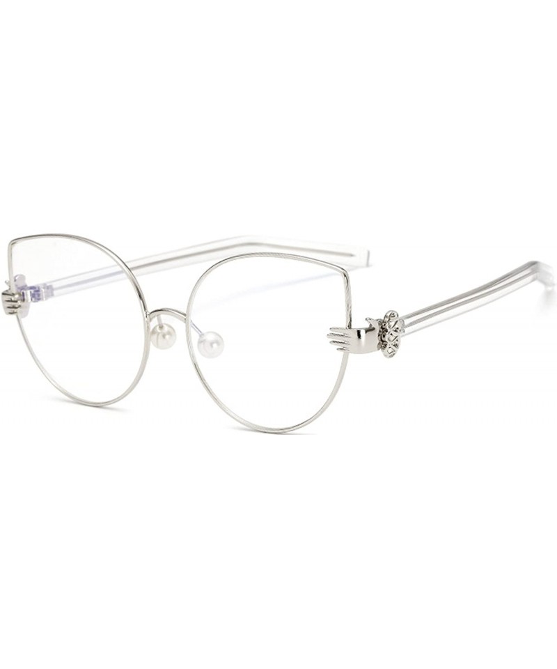 Cat Eye Fashion Palm Styling Pearl Nose Pads Glasses Frame - Silver - CZ182KSGTAC $10.14