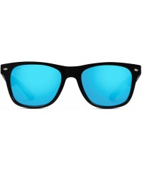 Aviator Polarized Flat Mirrored Reflective Color Lens Large Horn Rimmed Style Sunglasses - Black Frame / Mirror Blue Lens - C...