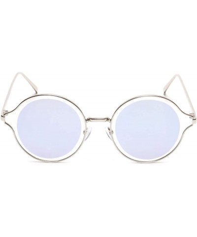 Round Round Sunglasses Metal Arms Flat Lens Men Women Fashion - Blue Mirrored - CH18EW9NUEO $9.66