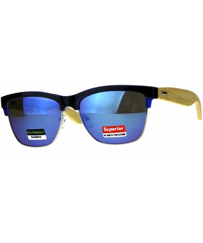 Square Real Bamboo Wood Temple Sunglasses Designer Style Square UV 400 - Black Blue - CU18DIGMDXU $25.79